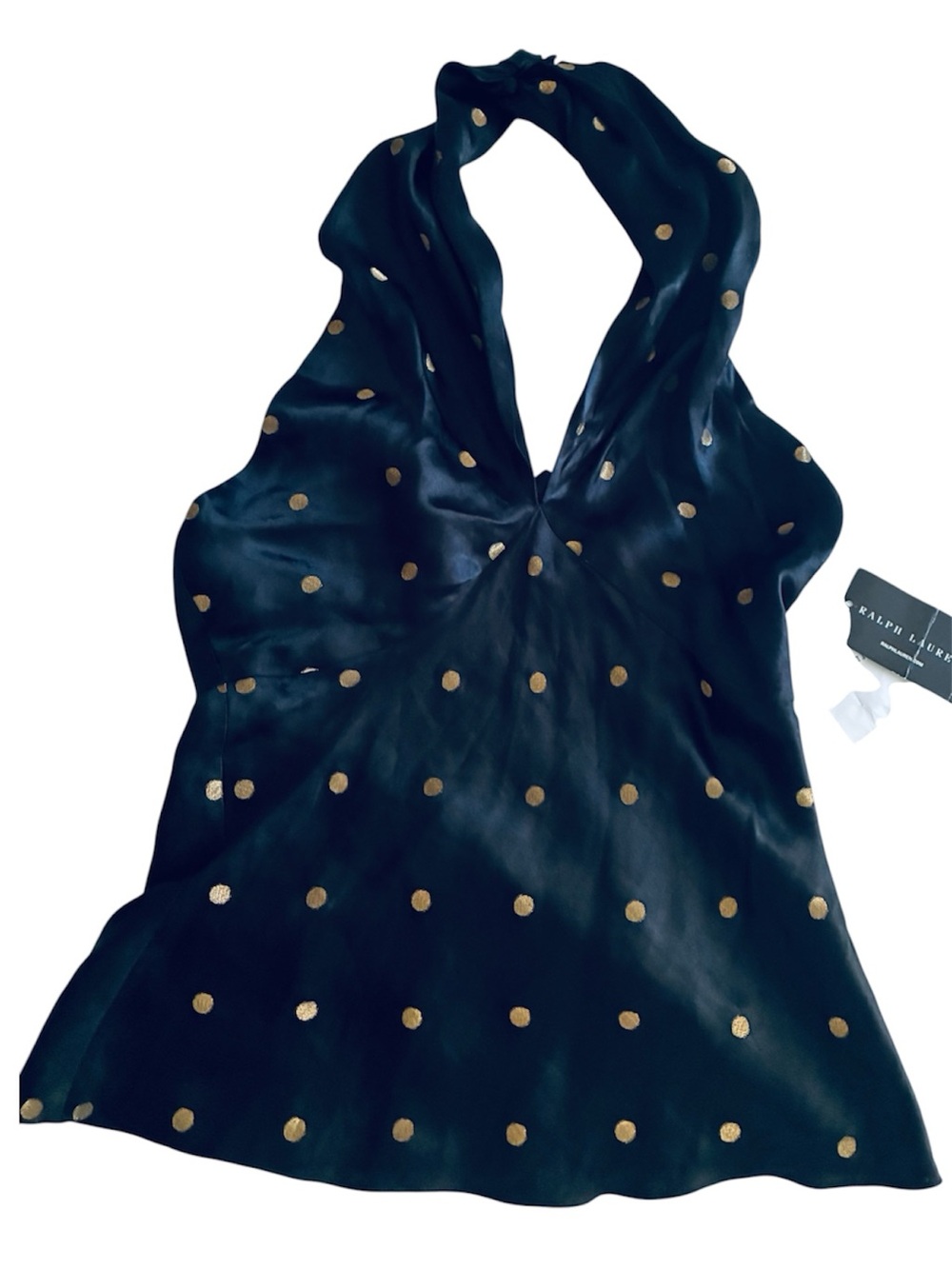 RALPH LAUREN BLACK LABEL silk halter top black with embroidered gold dots size 6